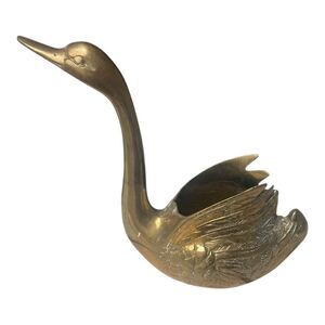 Vintage Mid Century Brass Long Neck Swan Planter Figure Decor Holder Vase